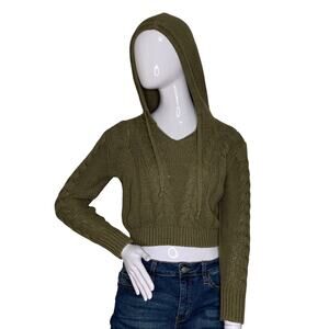 Aeropostale Crop Top Cable Knit Hoodie Sweater Army Green Size XS